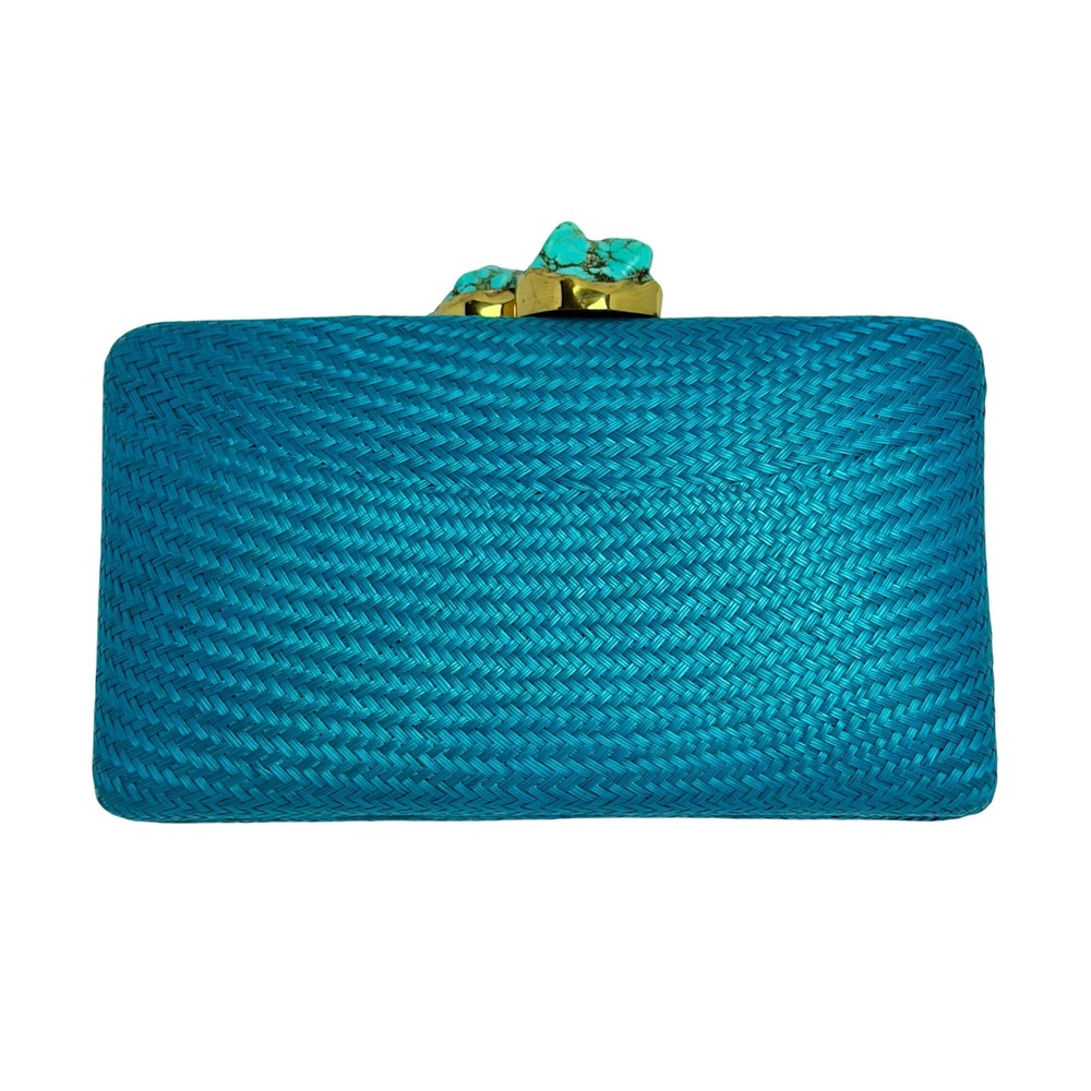 Woven Straw Clutch Bag Turquoise Stone Clasp Tixxi & Co Handmade Boho EUC - Picture 5 of 10
